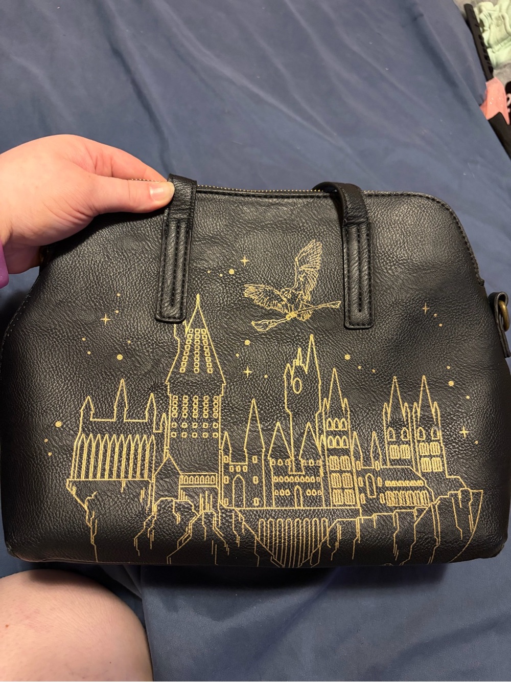 Loungefly Black Satchel with Gold Castle & Owl Print